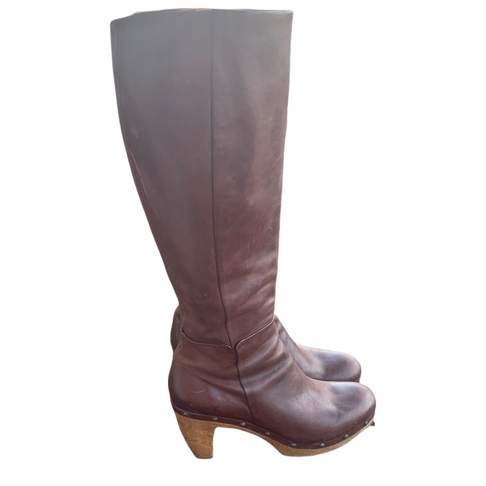 COCLICO Tall Brown Studded Clog Wooden Heeled Designer Boots Size 38 or 7.5/8